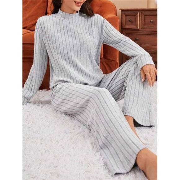 Women's Solid Color Stand Collar Knitted Ribbed Loungewear Set - Picture 6 of 7